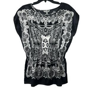 Y2K Whimsigoth Paisley Scarf Print Peplum Satin Top M Dolman Sleeve relaxed